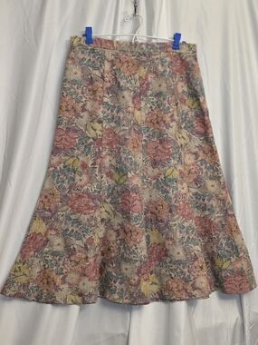 Vintage Floral A-Line Midi Linen Skirt in Watercolor pastel tones Fit & Flare 14